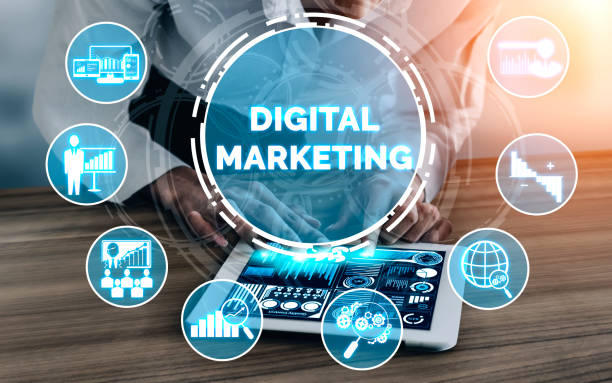 Digital Marketing Technology Solution for Online Business Concept - Graphic interface showing analytic diagram of online market promotion strategy on digital advertising platform via social media.